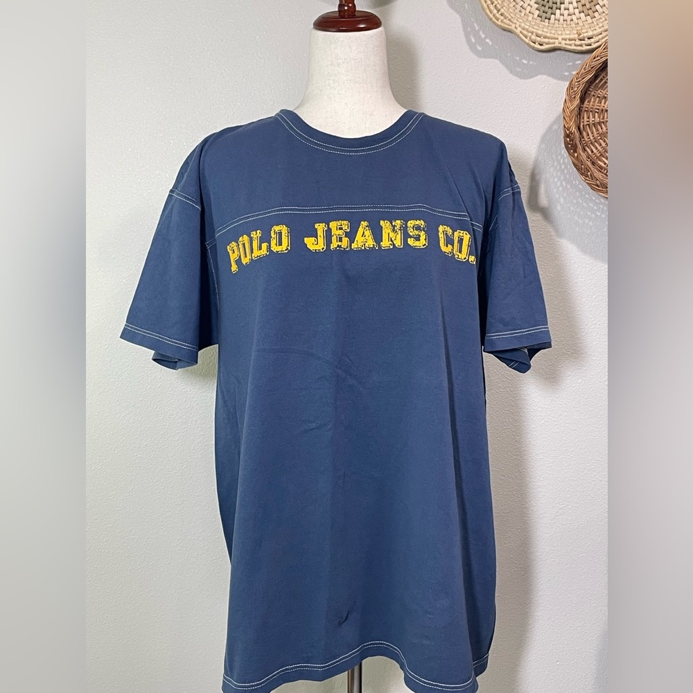 Ralph Lauren Polo Jeans Co. Blue & Yellow Cotton Tee T-Shirt Vintage Size Large